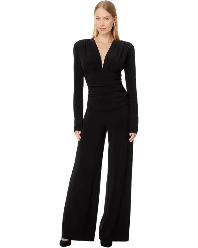 Norma Kamali V-Neck Long Sleeve Shirred Waist Jumpsuit with Shoulder Pads – Black online