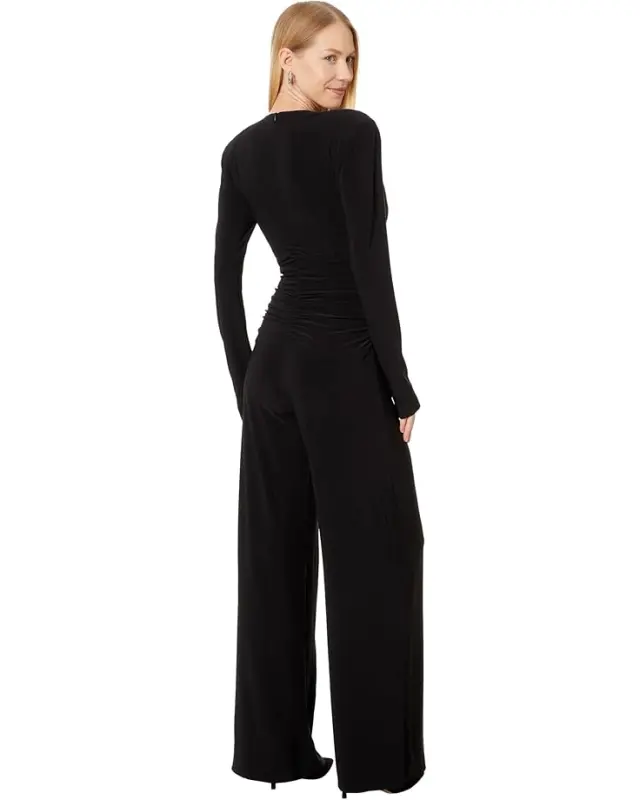 Norma Kamali V-Neck Long Sleeve Shirred Waist Jumpsuit with Shoulder Pads – Black online