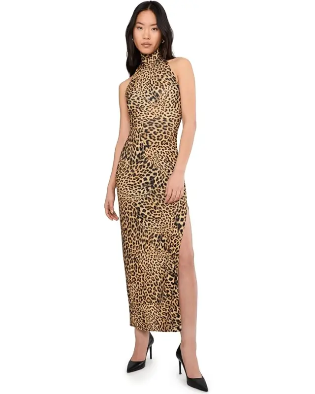 Women’s Norma Kamali Halter Turtle Side Slit Gown – Cheetah Patch online