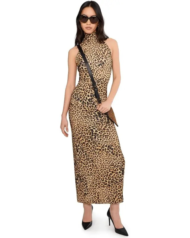 Women’s Norma Kamali Halter Turtle Side Slit Gown – Cheetah Patch online