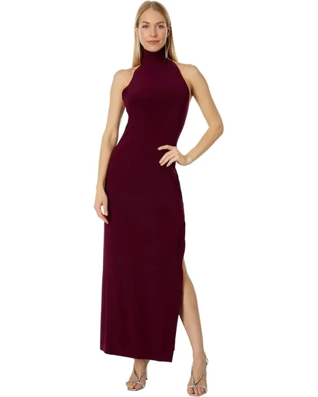 Women’s Norma Kamali Halter Turtle Side Slit Gown – Plum online