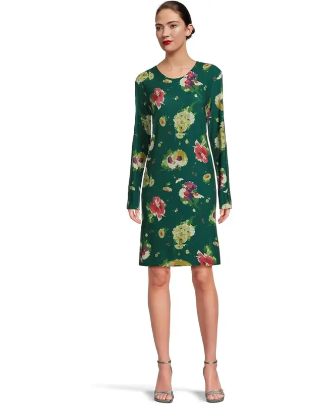 Women’s Norma Kamali Long Sleeve Crew Dress To Knee – Floral Green Multi online