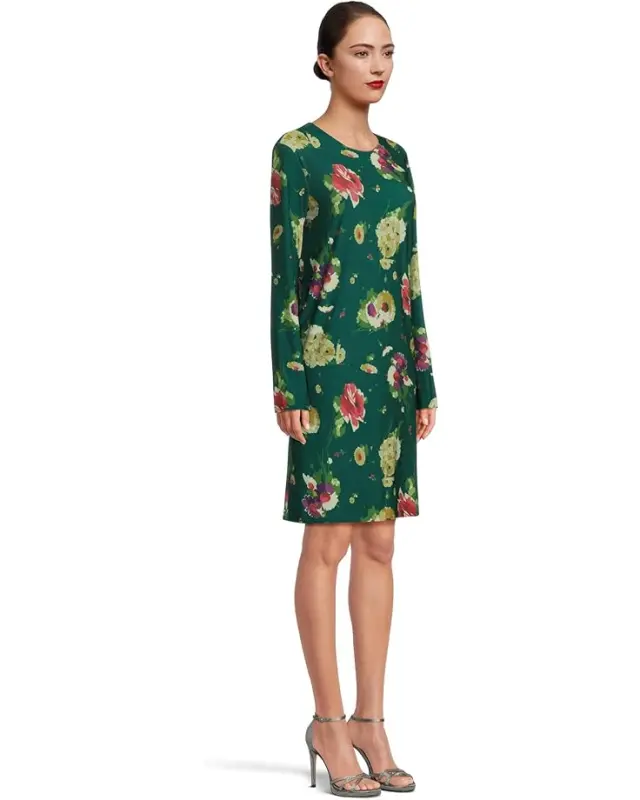 Women’s Norma Kamali Long Sleeve Crew Dress To Knee – Floral Green Multi online