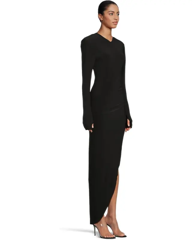 Women’s Norma Kamali Long Sleeve Shoulder Pad V-Neck Side Drape Gown – Black online