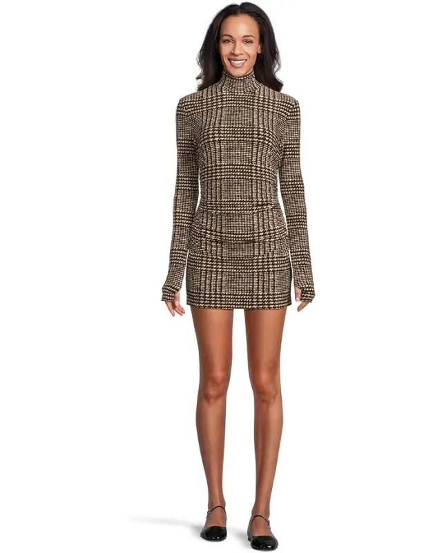 Women’s Norma Kamali Long Sleeve Turtleneck Pickleball Dress – Choc Glenn Plaid Twd online