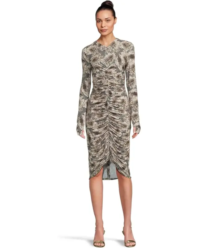 Women’s Norma Kamali Long Sleeve V-Neck Shirred Front Dress To Knee – Fall Flowers online