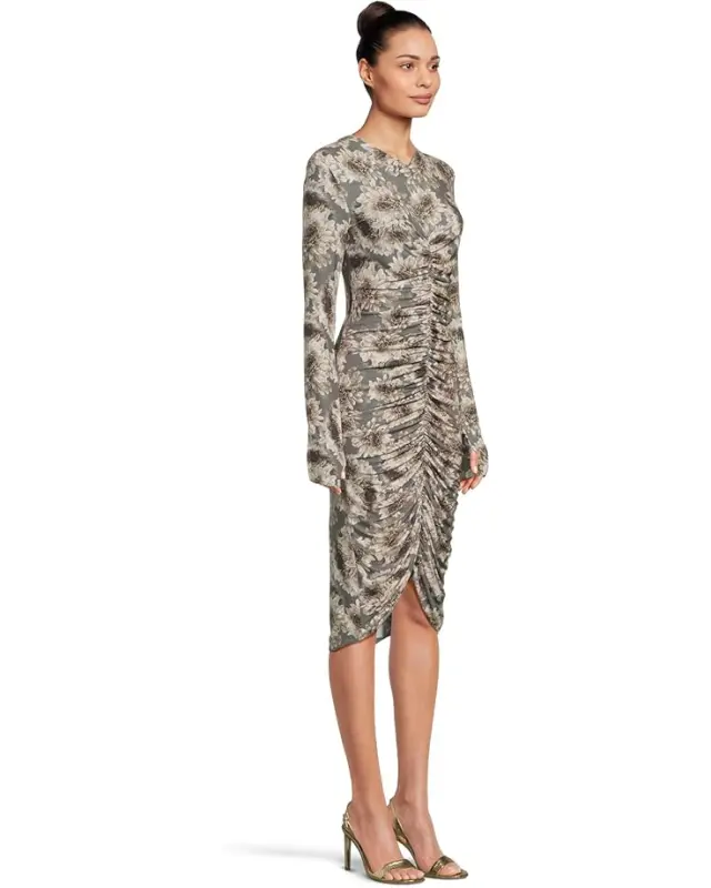 Women’s Norma Kamali Long Sleeve V-Neck Shirred Front Dress To Knee – Fall Flowers online