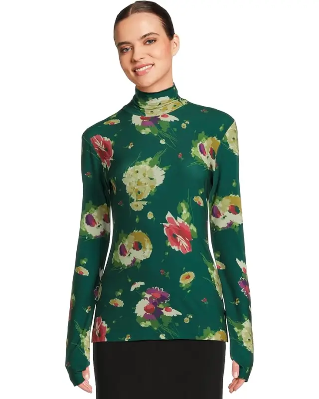Women’s Norma Kamali Slim Fit Long Sleeve Turtle Top – Floral Green Multi online