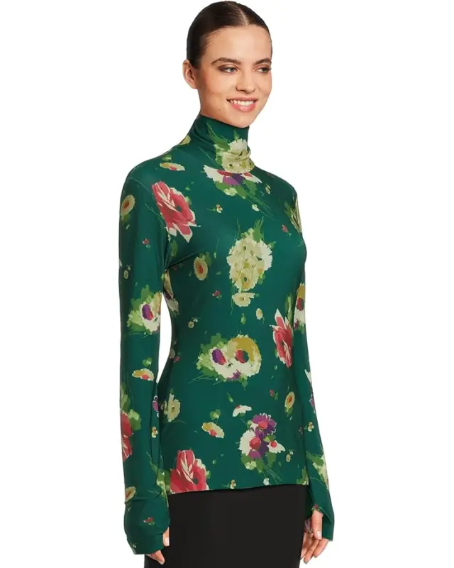 Women’s Norma Kamali Slim Fit Long Sleeve Turtle Top – Floral Green Multi online
