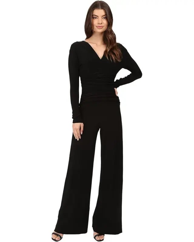 Women’s Norma Kamali V-Neck Long Sleeve Shirred Waist Jumpsuit – Black online