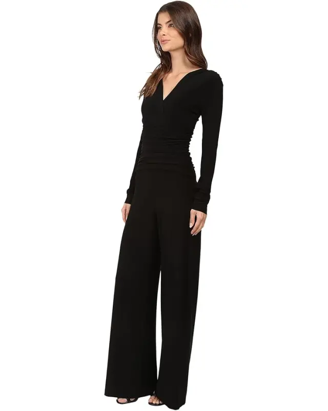 Women’s Norma Kamali V-Neck Long Sleeve Shirred Waist Jumpsuit – Black online